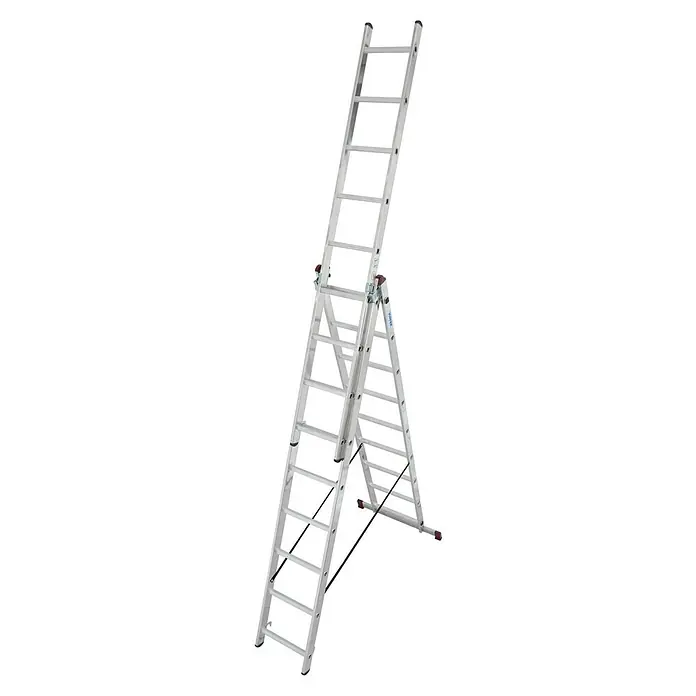 Krause Corda Escalera multiusos - Altura de trabajo: 6,2 m, Número de peldaños: 27 ud., Carga soportada: 150 kg, Aluminio - La imagen muestra una escalera multiusos de color plateado. Puede utilizarse tanto como escalera de extensión como escalera de tijera y está sobre un fondo negro.