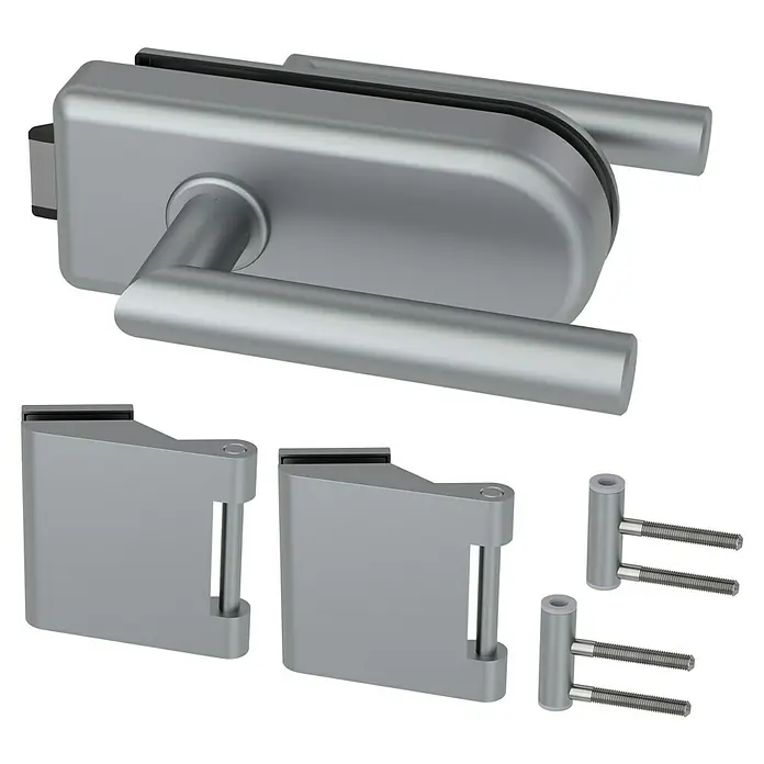 Diamond Doors Glastürbeschlag Sky UV - Aluminium EV1, Bandbohrung/Bänder: Office 3-teilig, Unverschließbar - Produktbild eines Türschlosses und passender Scharniere. Ideal für Glasduschen und Glastüren im Badezimmer.