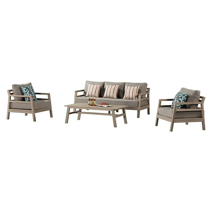 Sunfun Conjunto de muebles Bali - 4 pzs., Enviro Imitation Wood®, Camel/Taupe - Elegante conjunto de salón para exteriores con sofá, sillones y mesa para relajarse al aire libre. Diseño elegante para jardín o patio.