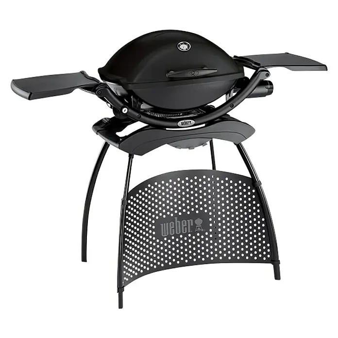 Weber Barbacoa de gas Q2200 - Superficie de la parrilla (An x Pr): 54 x 39 cm, 3,52 kW, Número de quemadores: 1 - Barbacoa eléctrica Weber Q 2400 negra con mesas laterales y carro para cocinar al aire libre.