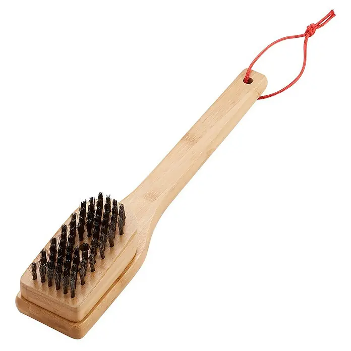 Weber Cepillo limpiador para barbacoa - Largo: 30 cm - Cepillo de parrilla de madera con cerdas metálicas y un lazo rojo para colgar para limpiar rejillas.