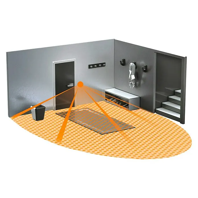 Steinel Bewegungsmelder IR 180 AP easy - Reichweite Sensor: 8 m, Weiß, Erfassungswinkel Sensor: 180 °, L x B x H: 8,2 x 7,2 x 6,7 cm - Illustration eines Raumes mit Bewegungsmelder, der den Eingangsbereich ausleuchtet.