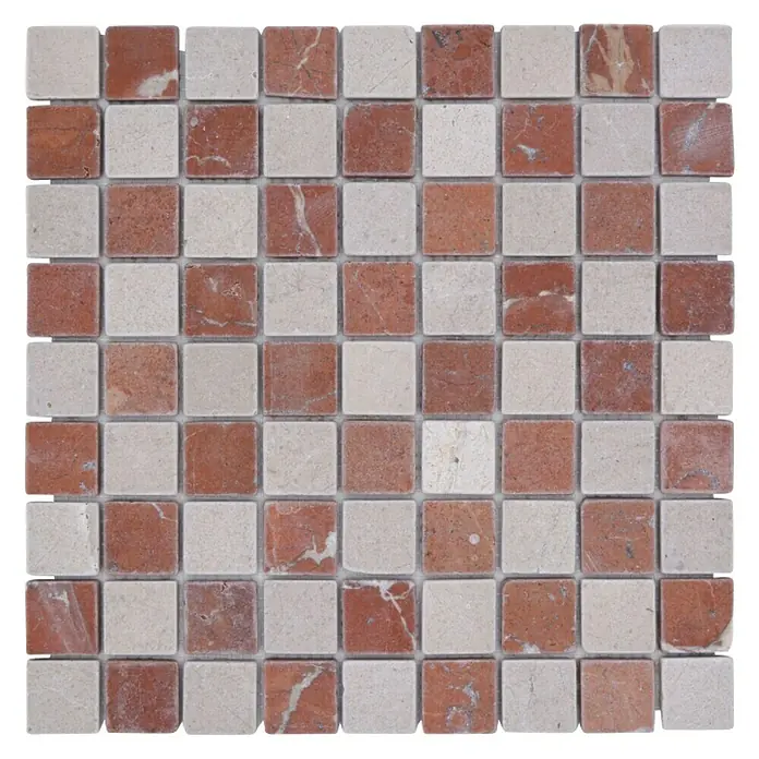 Mosaikfliese Quadrat MOS 32/1513R - 30,5 x 30,5 cm, Beige/Rot, Matt - Quadratisches Mosaikmuster aus roten und beigen Steinen, ideal für elegante Innenraumgestaltung und als dekoratives Element.