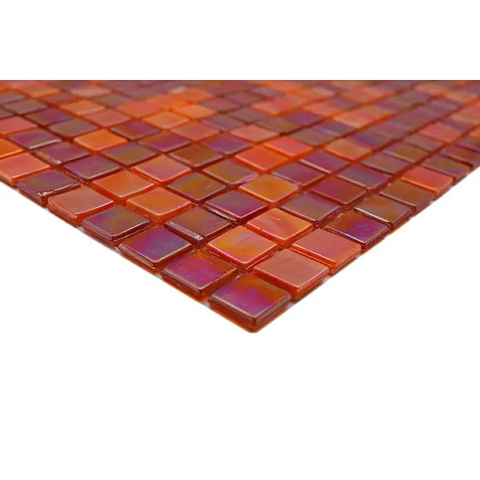Mosaikfliese Quadrat Mix GM MRY 933 - 31,7 x 31,7 cm, Rot, Glänzend - Nahaufnahme von quadratischen orangefarbenen und roten Glasmosaikfliesen, die sich perfekt für Küche und Bad eignen.