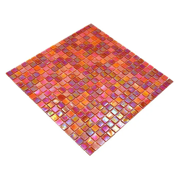Mosaikfliese Quadrat Mix GM MRY 933 - 31,7 x 31,7 cm, Rot, Glänzend - Quadratische Fliese mit schimmernden, orange-rosa Mosaiksteinen. Perfekt für Badezimmer und Küchen, um einen luxuriösen Touch zu verleihen.