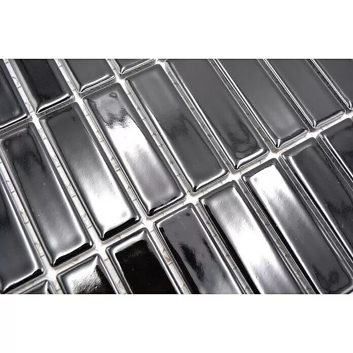 Mosaikfliese Stäbchen Uni ST 350 - 29 x 29,7 cm, Schwarz, Glänzend - Hochglänzende dunkelgraue, metallische Rechteck-Mosaikfliesen.