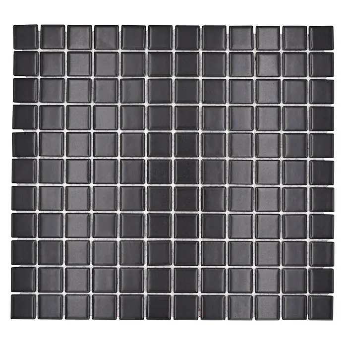 Mosaikfliese Quadrat Uni M 892 - 32,6 x 30 cm, Schwarz, Matt - Das Bild zeigt ein Mosaik aus kleinen, quadratischen, anthrazitfarbenen Fliesen mit hellgrauen Fugen, die ein gleichmäßiges und modernes Muster bilden.