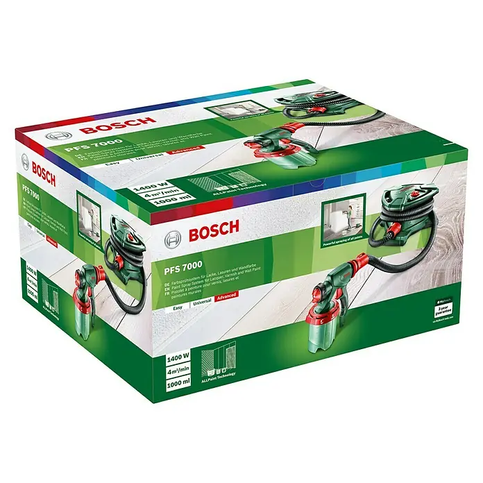 Bosch Farbsprühsystem PFS 7000 - Leistungsaufnahme: 1.400 W, Geeignet für: Alle Farbarten, 1.000 ml - Das Bosch PFS 7000 Farbsprühsystem für Lacke, Lasuren und Wandfarben in der Produktverpackung.