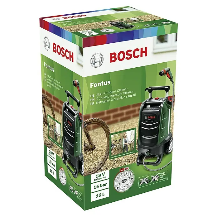 Bosch Power for All 18V Akku-Hochdruckreiniger Fontus - 18 V, Ohne Akku, Max. Druck: 20 bar - Die Verpackung des Bosch Fontus Akku-Outdoor-Reinigers, ein kompakter, kabelloser Hochdruckreiniger für den flexiblen Einsatz im Freien.