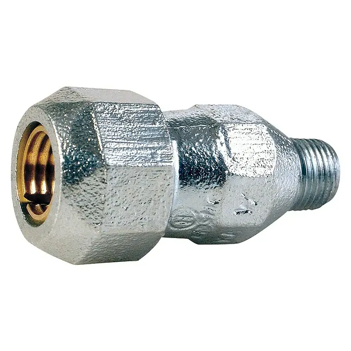 Racor para tubo H - rosca M - Acero, Rosca: ¾″ - Un conector plateado con un interior dorado y roscas en un extremo, utilizado para tubos o mangueras.