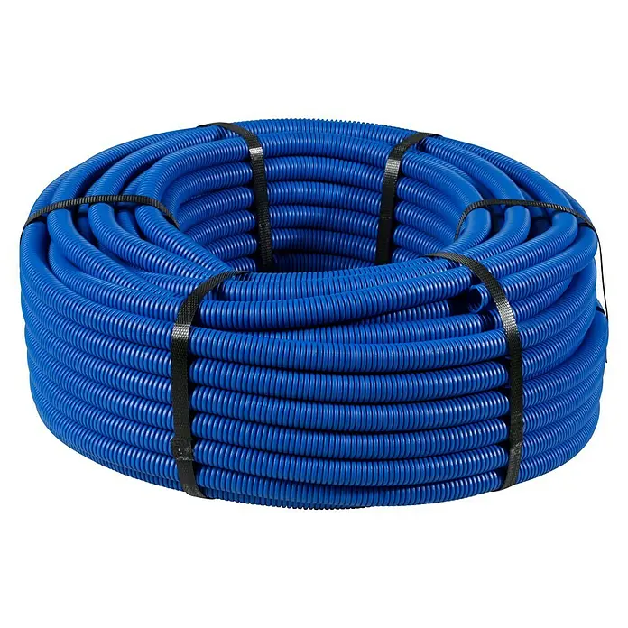 Protector para tubería de cobre - Ø x L: 28 mm x 50 m, Azul - Rollo de conducto eléctrico flexible azul, atado con cintas negras, sobre un fondo negro.