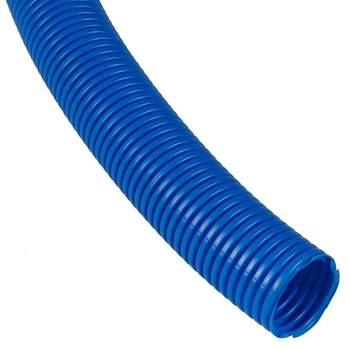 Protector para tubería de cobre - Ø x L: 28 mm x 50 m, Azul - Primer plano de una manguera de plástico azul flexible con estructura en espiral. Ideal para diversas aplicaciones, robusta y versátil.