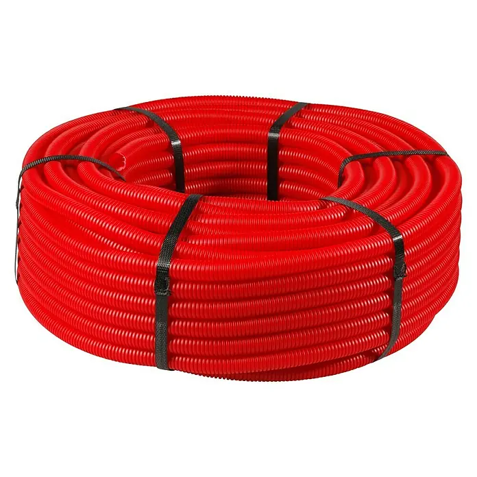 Protector para tubería de cobre - Ø x L: 12 mm x 50 m, Rojo - Conducto de plástico rojo flexible enrollado, atado con cintas negras, diseñado para diversas finalidades de instalación.