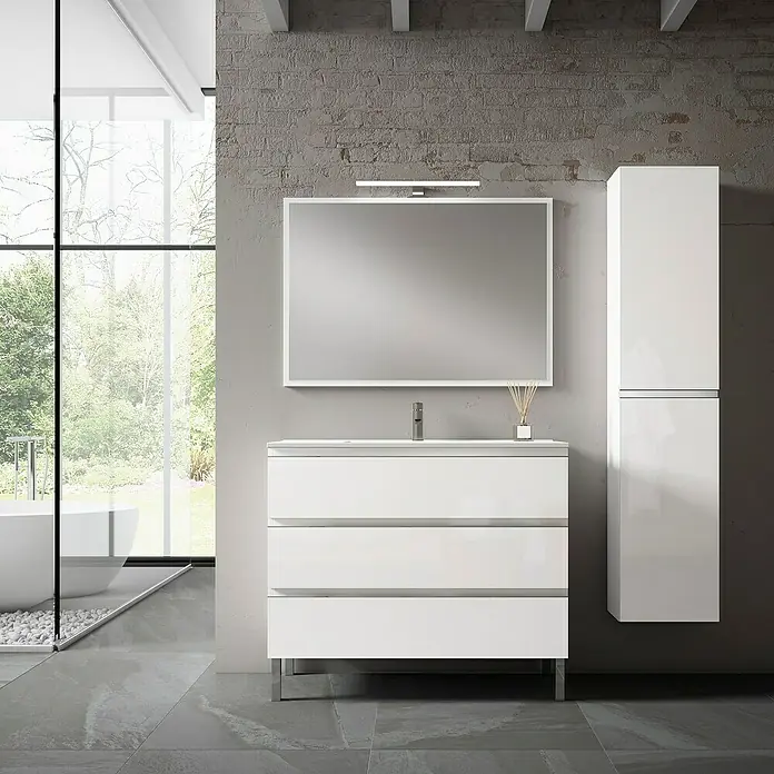 Mueble bajo de lavabo Celia - 45 x 60 x 85 cm, Blanco - Moderno conjunto de baño con mueble de lavabo blanco con cajones, espejo y armario alto a juego.
