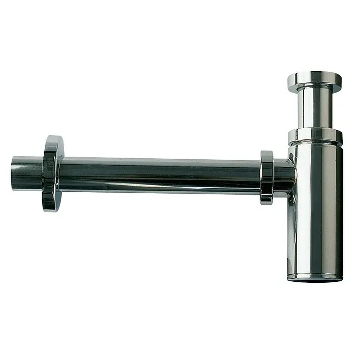 Sifón de botella cilíndrico - 1¼'', Cromo - Imagen de un sifón de botella cromado brillante, típicamente instalado debajo de un lavabo, sobre un fondo negro.