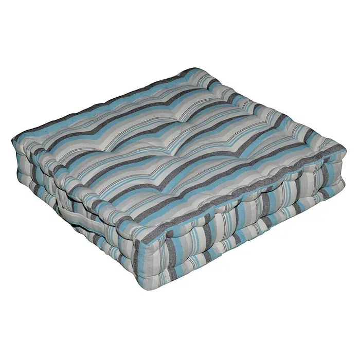 Cojín de suelo Summer - 45 x 45 x 10 cm, Textil, Azul - Cojín de asiento cuadrado a rayas con botones y una mezcla de azules, gris y blanco para mayor comodidad.