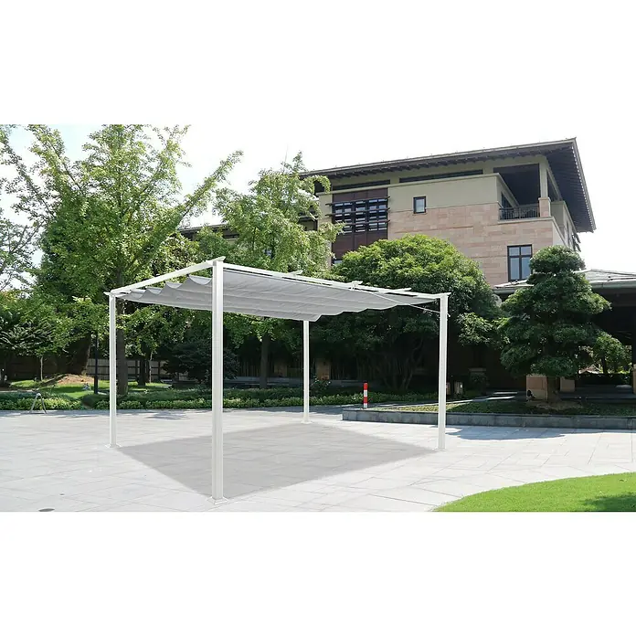 Sunfun Jakarta Pérgola con toldo corredero - An x Pr: 400 x 300 cm, Color del techo: Gris, Color del armazón: Blanco - Imagen de una pérgola moderna con techo de tela gris, que proporciona sombra y es ideal para uso en exteriores.