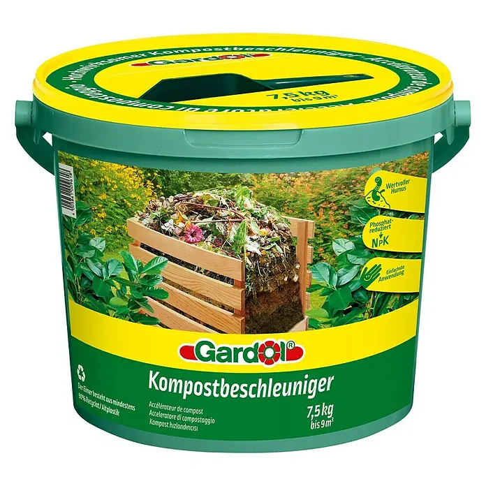 Gardol Kompostbeschleuniger - 7,5 kg, Max. Anwendungsvolumen: 9 m³ - Ein Eimer Gardol Kompostbeschleuniger, der den Kompostierungsprozess unterstützt und wertvollen Humus für den Garten liefert.