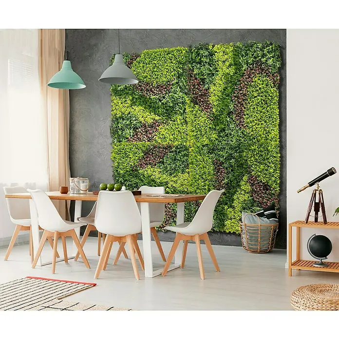 Nortene Jardín vertical Costa - Plástico, L x An: 100 x 100 cm - La foto muestra un panel de pared verde impactante, que añade un toque de naturaleza a un comedor y crea un ambiente relajante.