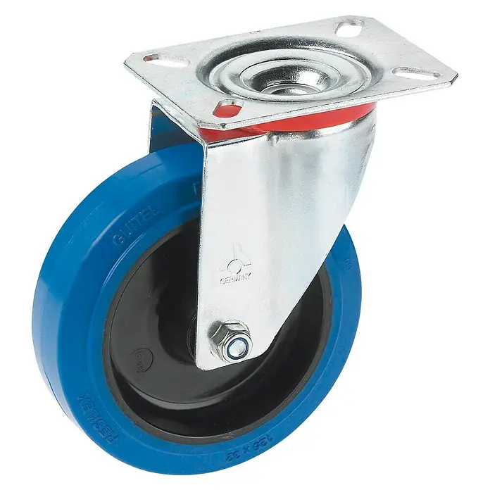 Dörner & Helmer Transportgeräterolle - Durchmesser Rollen: 125 mm, Traglast: 200 kg, Rollenlager, Mit Platte - Lenkrolle mit Rückenlochbefestigung, Radkörper aus schwarzem Polyamid und blauer Polyurethan-Lauffläche für optimalen Komfort.
