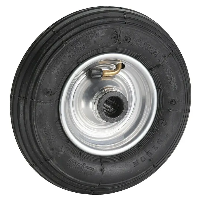 Dörner & Helmer Luftrad - Durchmesser: 200 mm, Traglast: 75 kg, Material Felge: Stahlblech, Nabenlänge: 60 mm - Schwarzes Rad mit silberner Felge und aufgedruckten Details, ideal für Schubkarren und andere Geräte.