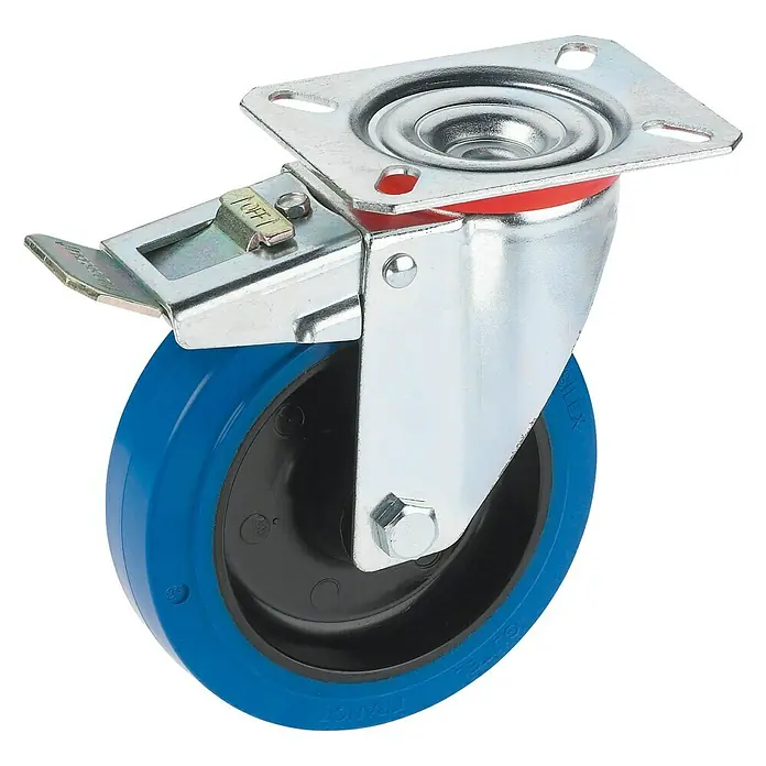 Dörner & Helmer Transportgeräterolle - Durchmesser Rollen: 125 mm, Traglast: 200 kg, Rollenlager, Mit Platte und Feststeller - Eine blaue Industrierolle mit Feststellbremse, ideal für schwere Lasten und den Einsatz in Werkstätten oder Lagerhallen.