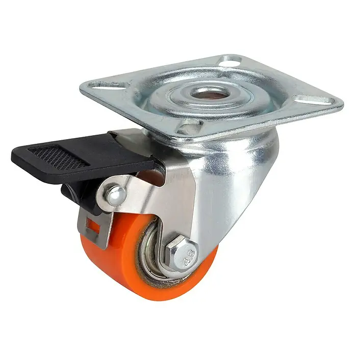 Dörner & Helmer Schwerlastrolle - Durchmesser Rollen: 35 mm, Traglast: 100 kg, Kugellager, Mit Platte und Feststeller - Das Bild zeigt eine Lenkrolle mit Bremse, ideal für Möbel. Die Rolle ist orange und die Befestigungsplatte silbern.