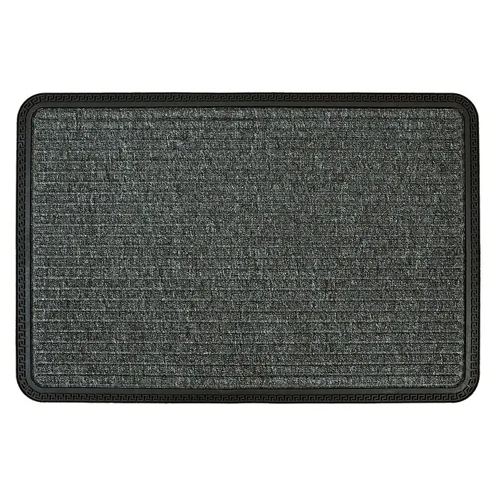 Astra Fußmatte Border Star - Anthrazit, 40 x 60 cm, 70 % Polypropylen, 30 % Gummi - Ein grauer Fußabtreter mit einem dekorativen Rahmen. Der Teppich ist robust und ideal für den Eingangsbereich, um Schmutz zu vermeiden.