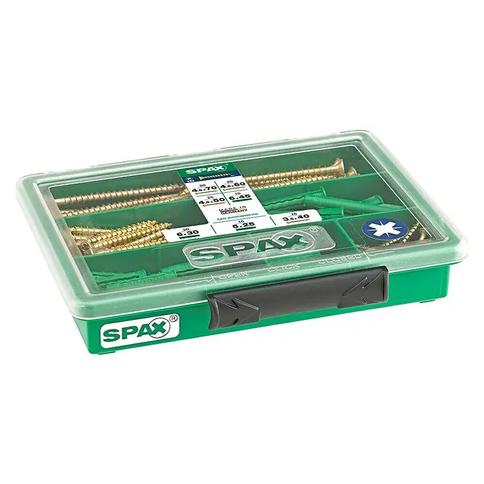 Spax Schraubensortiment mit Dübeln S mit Dübeln130 -tlg., Kopfform: Senkkopf - Spax Universalschraubenbox mit verschiedenen Größen und Zubehör für vielseitige Anwendungen.