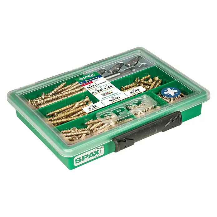 Spax Mehrzweckschrauben-Sortiment S mit Bits - 199 -tlg. - Bild einer Spax-Schrauben-Sortimentsbox mit verschiedenen Größen und Bits, ideal für Heimwerker und Profis.