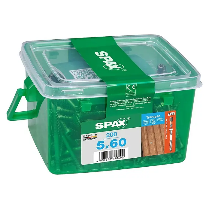 Spax Terrassenschraube T-Star Plus - Ø x L: 5 x 60 mm, Edelstahl rostfrei A2, Blank, 200 Stk. - Spax Terrassenschrauben 5x60mm im grünen Behälter. Ideal für Holzterrassen, rostfrei und mit T-STAR plus Bit für optimale Kraftübertragung.
