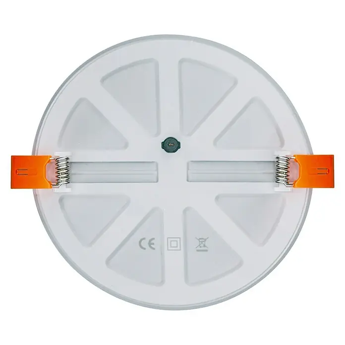 Paulmann Panel LED redondo Veluna - 17 W, Ø x Al: 18,5 x 3,1 cm, Satin, Blanco cálido, No regulable - Lámpara de techo LED redonda con clips naranjas y resortes para el montaje. Vista posterior con marcado CE y símbolos.
