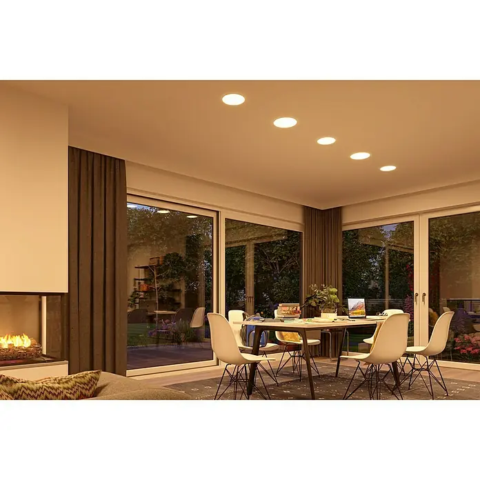 Paulmann Panel LED redondo Veluna - 17 W, Ø x Al: 18,5 x 3,1 cm, Satin, Blanco cálido, No regulable - Comedor luminoso con luces de techo y vista al jardín. Las lámparas proporcionan un ambiente acogedor en el espacio.