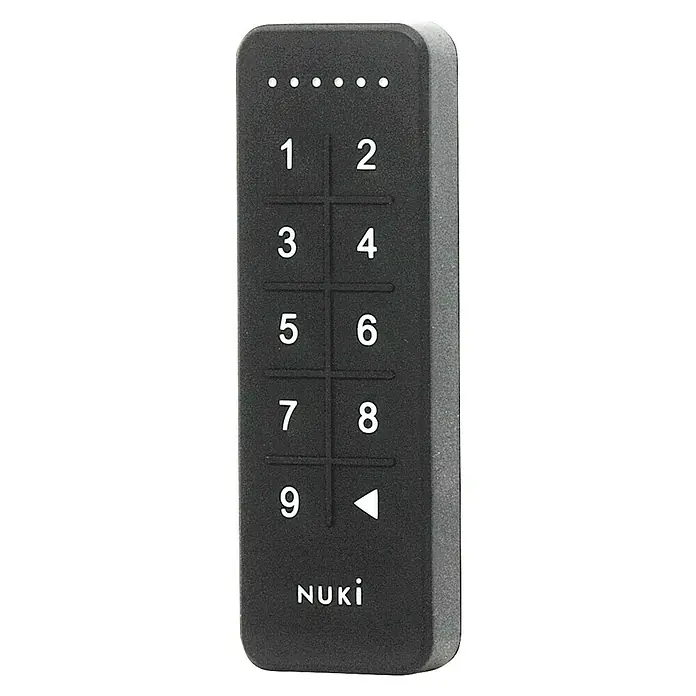Nuki Funk-Tastatur - Passend für: Nuki elektronisches Türschloss - Nahaufnahme eines Nuki Keypad, einem elektronischen Zahlenschloss mit Tastenfeld und Nuki-Logo.