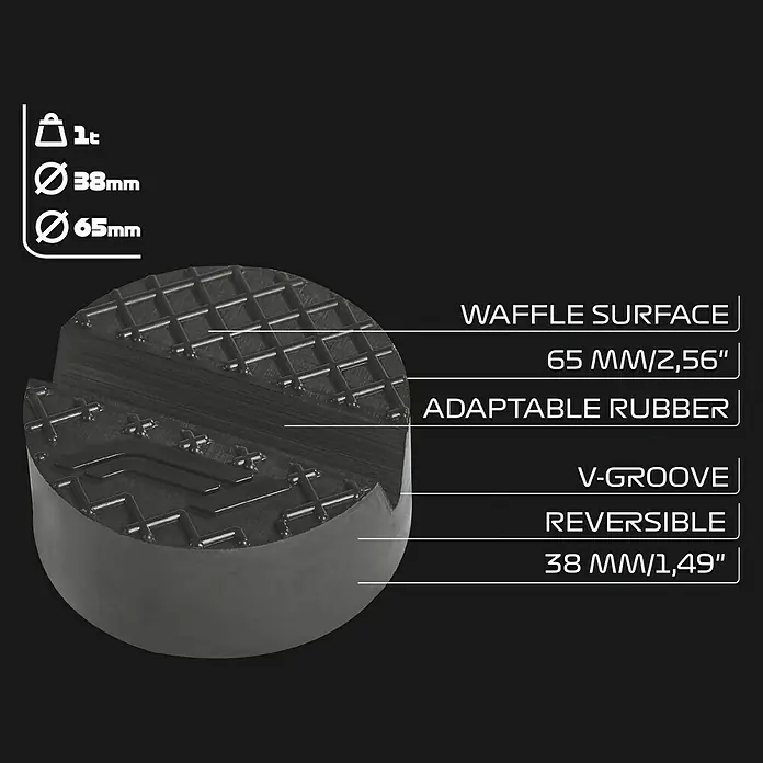 Formula 1® Gummiauflage RP500 - Belastbarkeit: 1.000 kg, Geeignet für: Wagenheber, Rutschfest - Bild eines schwarzen, runden Gummipads mit Waffeloberfläche, V-Nut und reversibler Seite, ideal für Hebebühnen.