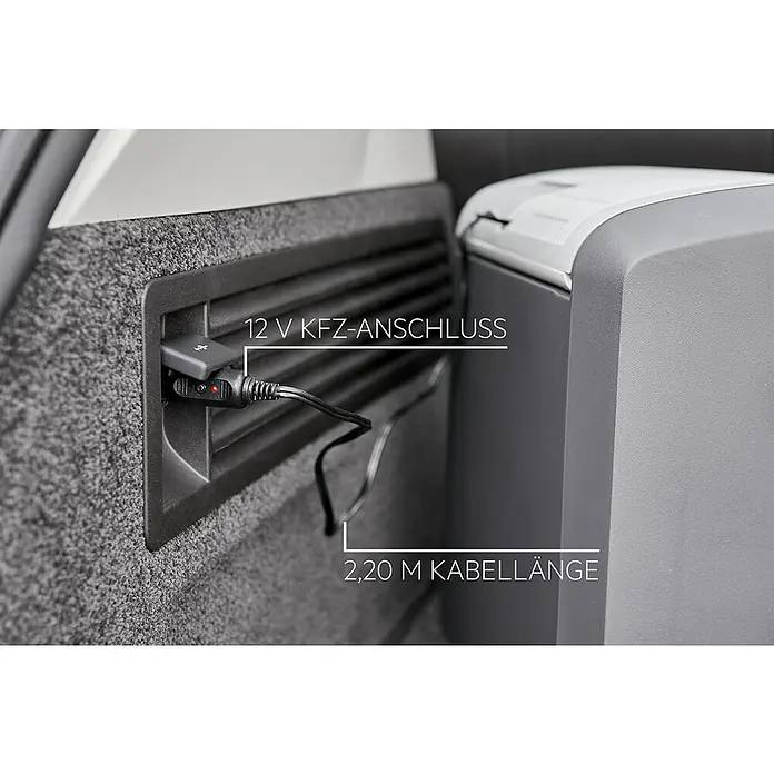 AEG Kühlbox KK20 - Fassungsvermögen: 20 l, Grau - Bild eines tragbaren Kühlers mit einem 12-V-KFZ-Anschluss. Kabellänge 2,20 m, ideal für unterwegs.