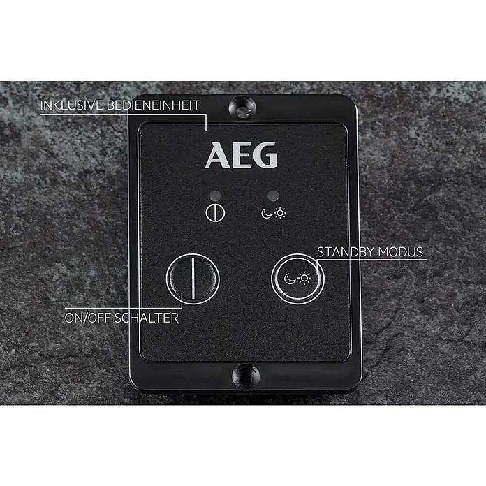AEG Spannungswandler Sinus - 600 W - Nahaufnahme einer schwarzen AEG-Steuereinheit mit Ein-/Ausschalter und Standby-Modus-Taste. Hochwertiges, modernes Design.
