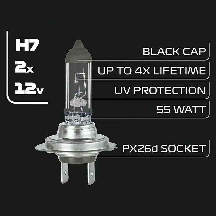 Formula 1® Hauptscheinwerfer-Lampen CL730 - H7, 2 Stk. - H7-Halogenlampe mit schwarzer Kappe, bis zu 4-facher Lebensdauer, UV-Schutz, 55 Watt und PX26d-Sockel für optimale Leistung.