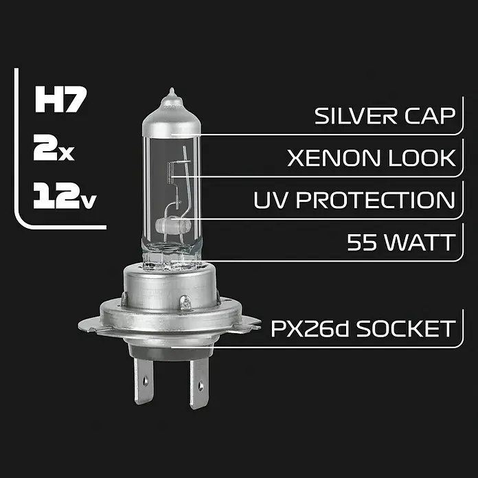 Formula 1® Hauptscheinwerfer-Lampen CL750 - H7, 2 Stk. - Abbildung einer H7 2x 12V 55W Halogenlampe mit Silberkappe, Xenon-Look, UV-Schutz und PX26d Sockel.