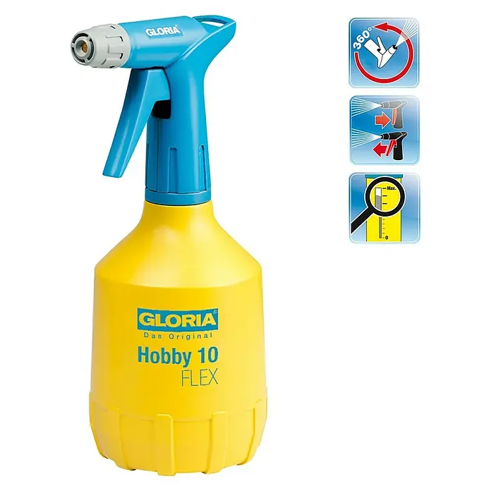 Gloria Handsprüher Hobby 10 FLEX mit Doppelhub - 360 ° Funktion, 1 l - Gelbe Gloria Hobby 10 FLEX Sprühflasche mit blauem Sprühkopf und Icons für 360°-Funktion und Füllstandsanzeige.