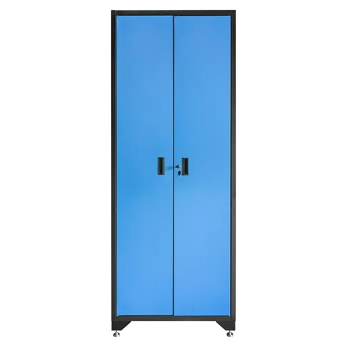 Güde Werkbank - Arbeitshöhe: 205 cm, Blau/Schwarz - Blauer Stahlschrank mit zwei Türen, schwarzen Griffen und einem Schloss mit Schlüssel. Praktische Aufbewahrungslösung.