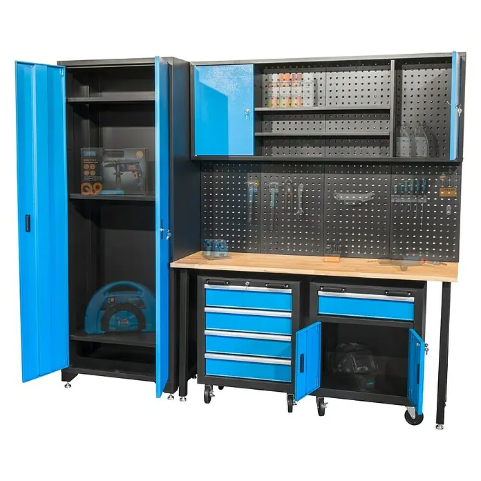 Güde Werkbank - Arbeitshöhe: 205 cm, Blau/Schwarz - Werkbank mit blau-schwarzen Schränken und Werkzeugwand für die Werkstatt. Ideal zur Aufbewahrung und Organisation von Werkzeugen.