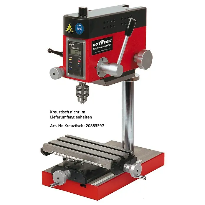 Rotwerk Bohr- & Fräsmaschine EBF060 - 150 W, 0 U/min - 7.000 U/min, Größe Fußplatte: 275 x 165 mm - Das Bild zeigt eine Rotwerk EBF 060 Bohr-/Fräsmaschine, ein vielseitiges Werkzeug für präzise Bearbeitungsarbeiten.
