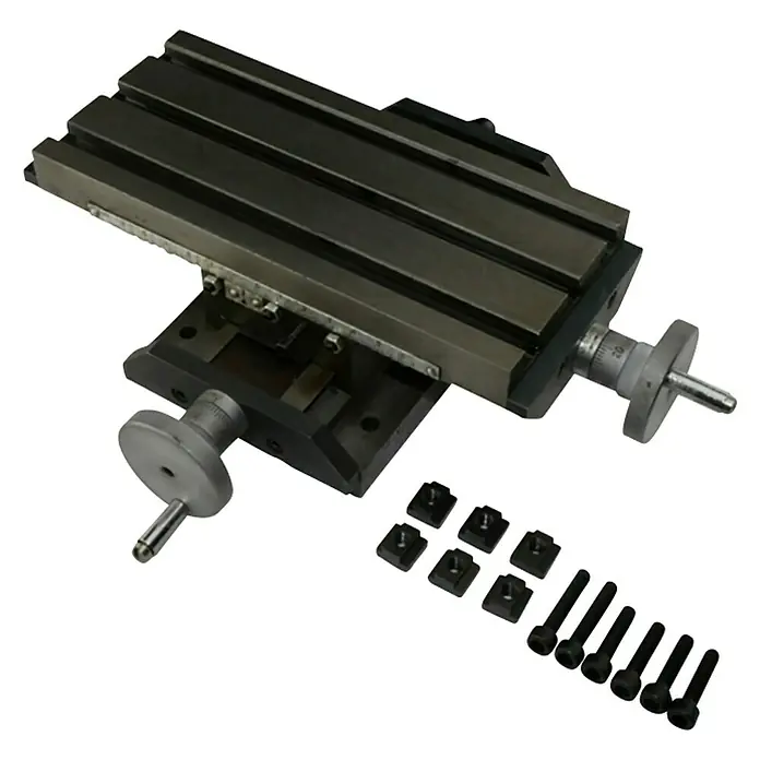 Rotwerk Kreuztisch - 198 x 90 mm, Geeignet für: Kleinfräsmaschinen - Ein Maschinenschraubstock mit Nutensteinen und Schrauben. Ideal für präzise Arbeiten in der Werkstatt.