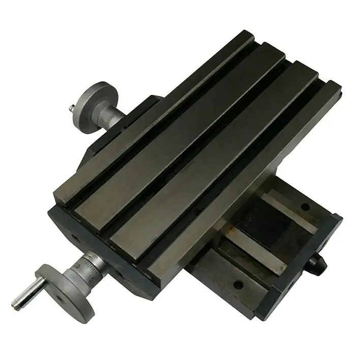 Rotwerk Kreuztisch - 198 x 90 mm, Geeignet für: Kleinfräsmaschinen - Das Bild zeigt einen Maschinenschraubstock, ein Werkzeug zum sicheren Festhalten von Werkstücken während der Bearbeitung.