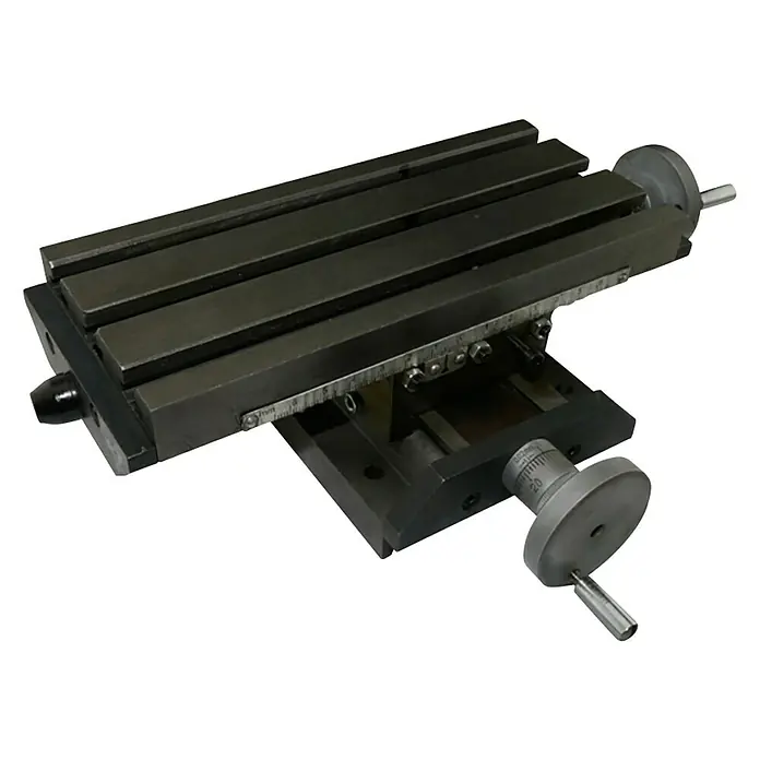 Rotwerk Kreuztisch - 198 x 90 mm, Geeignet für: Kleinfräsmaschinen - Bild einer Kreuztisch-Werkzeugmaschine, die für präzise Bearbeitungsaufgaben verwendet wird. Robuste Konstruktion für Stabilität.