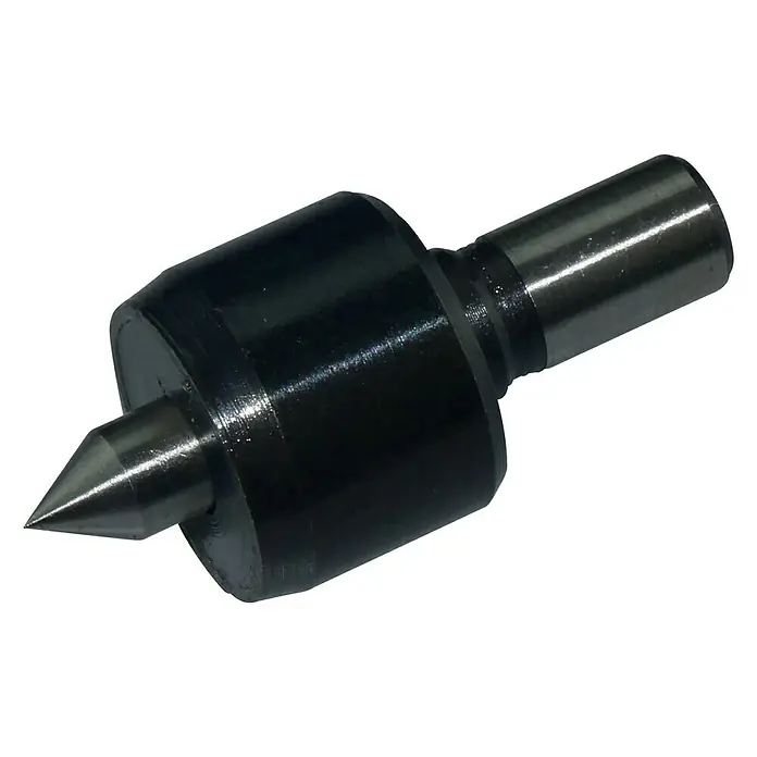 Rotwerk Mitlaufende Zentrierspitze - Passend für: Rotwerk Drehmaschine EDM Mini C0 - Auf dem Bild ist eine Drehmeißelspitze zu sehen. Das Werkzeug hat eine schwarze Basis und eine silberfarbene Spitze, die in einer Werkstatt verwendet wird.