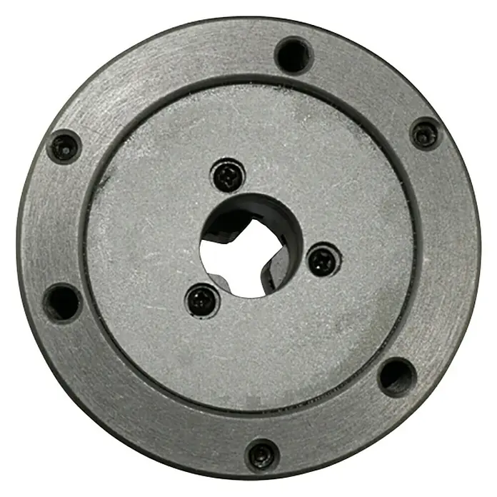 Rotwerk Backenfutter EDM 300 DS - Passend für: Rotwerk Drehmaschinen EDM 300 DS/350 DR/350 BL - Nahaufnahme eines runden Metallflansches mit Schraubenlöchern und einem quadratischen Loch in der Mitte.