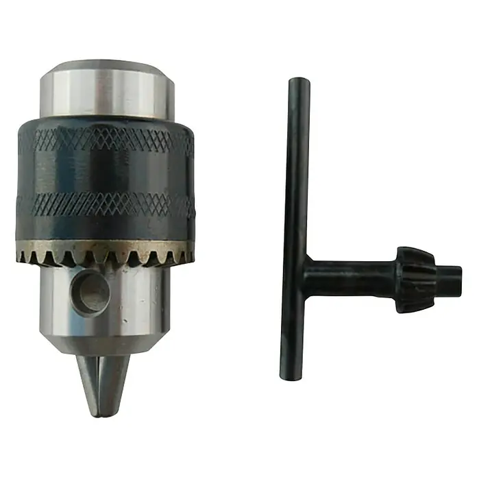 Rotwerk Zahnkranzbohrfutter - Passend für: Rotwerk Drehmaschine EDM Mini C0 - Nahaufnahme einer Bohrfuttergarnitur mit Bohrfutter und passendem Schlüssel. Ideal für präzise Bohrarbeiten.