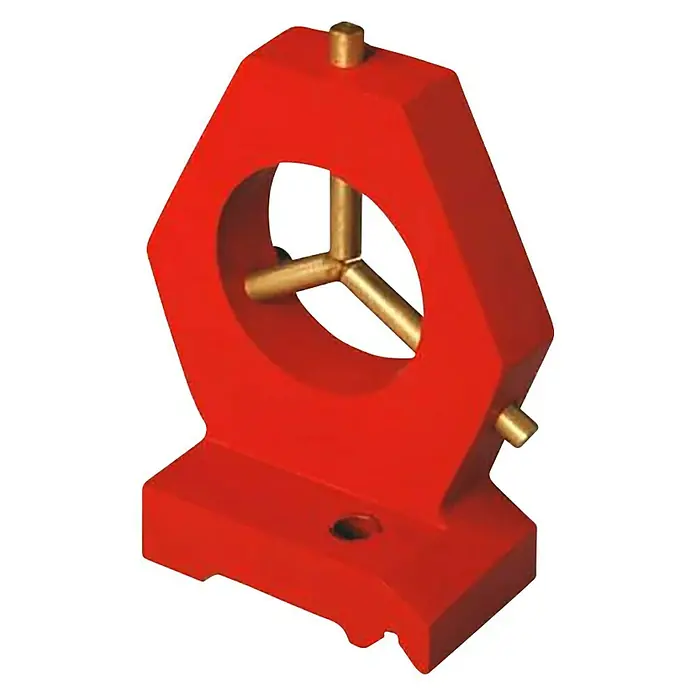 Rotwerk Lünette feststehend - Passend für: Rotwerk Drehmaschine EDM Mini C0 - Ein rotes Werkzeughalter mit Messingstäben im Inneren. Ideal für präzise Arbeiten und zur Fixierung von Werkzeugen.